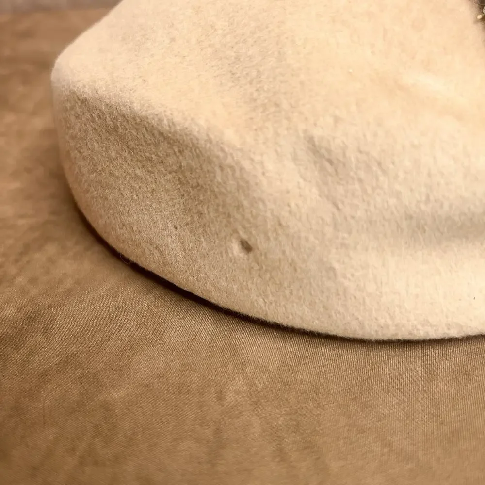 Vintage 40s Glamour Felts Tan Wool Round Pill Box Hat Beaded Bow Old Hollywood